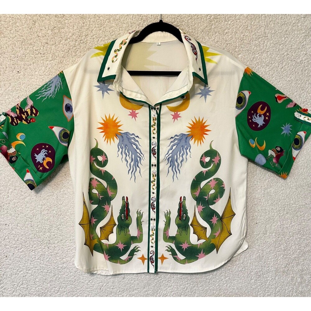 Women’s Green & Cream Dragon Print Short Sleeve Pajama Top Set